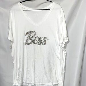 LANE BRYANT SIZE 26/28 WHITE SHORT SLEEVE VNECK TSHIRT W/3D SILVER Glitter BOSS